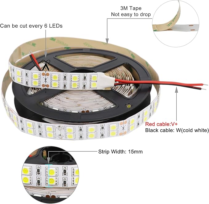 LEDENET® LED Strip Lights Daylight White 6500K SMD 5050 Double Row 600LEDs DC 12V Cold White Dimmable Flexible LED Tape Lights 16.4Ft Non-Waterproof for Bedroom Kitchen Under Cabinet