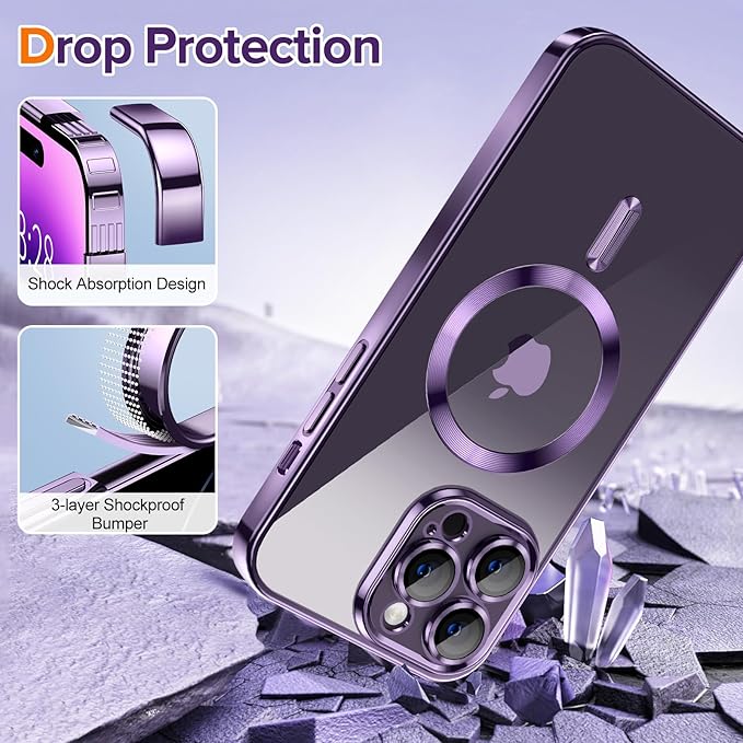 Hython Magnetic Clear for iPhone 14 Pro Case with Camera Lens Protector [Compatible with MagSafe] Luxury Plating Edge Slim Soft TPU Cover Protective Phone Case for iPhone 14 Pro 6.1", Deep Purple
