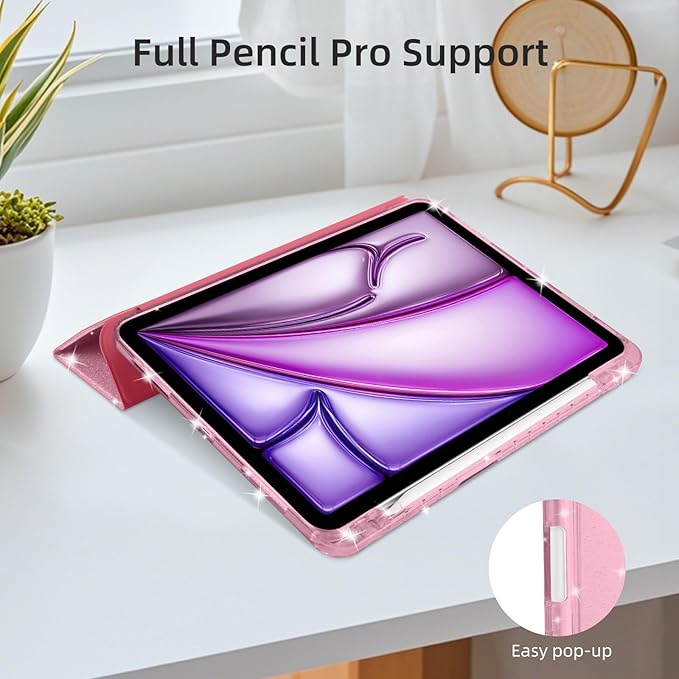 Case for iPad Air 13 Inch (M3 / M2, 2025/2024) & iPad Pro 12.9 6/5th Gen (2022/2021), Glittering Sparkly Cover with Shiny Clear Back Shell, Trifold Stand Case with Pencil Holder, Pink