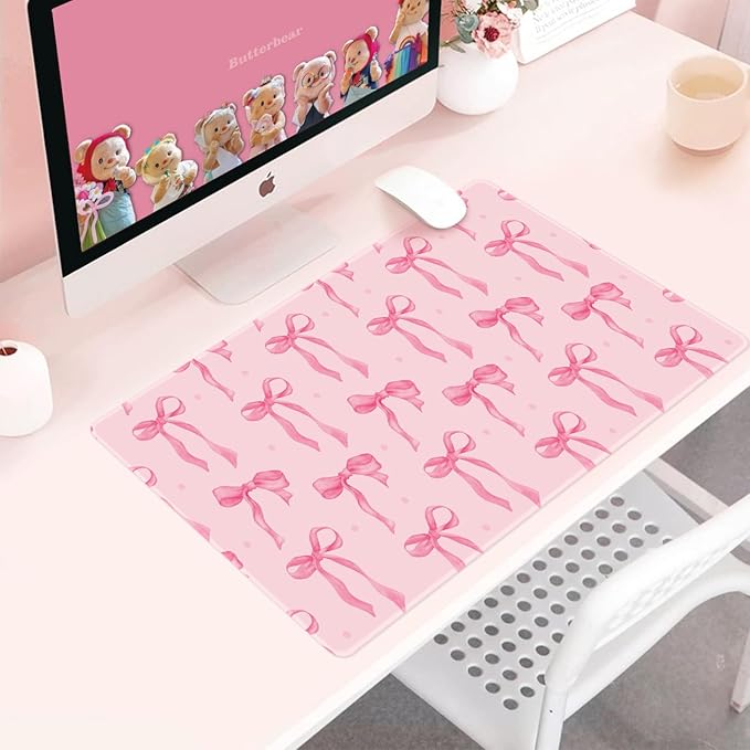 Pink Mouse Pad, Pink Desk Mat Bows Laptop Pad Computer Mat, Gaming Keyboard and Mouse Pad Non-Slip Rubber Base, Stitched Edge, Cute Desk Accessories Girly Decor Office Supplies for Women 23.6" x 11.8"