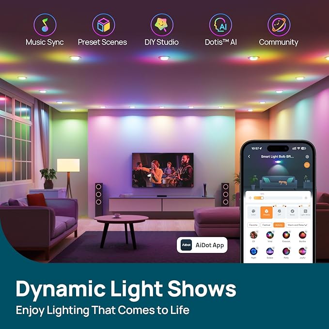 Linkind Matter BR30 Smart Light Bulbs with Stretchable Design & 4-Zone Aurascape Color, 850LM Recessed Smart Flood Light Bulb, Works with Alexa/Apple Home/Google Home, Music Sync Light Show, 4 Pack
