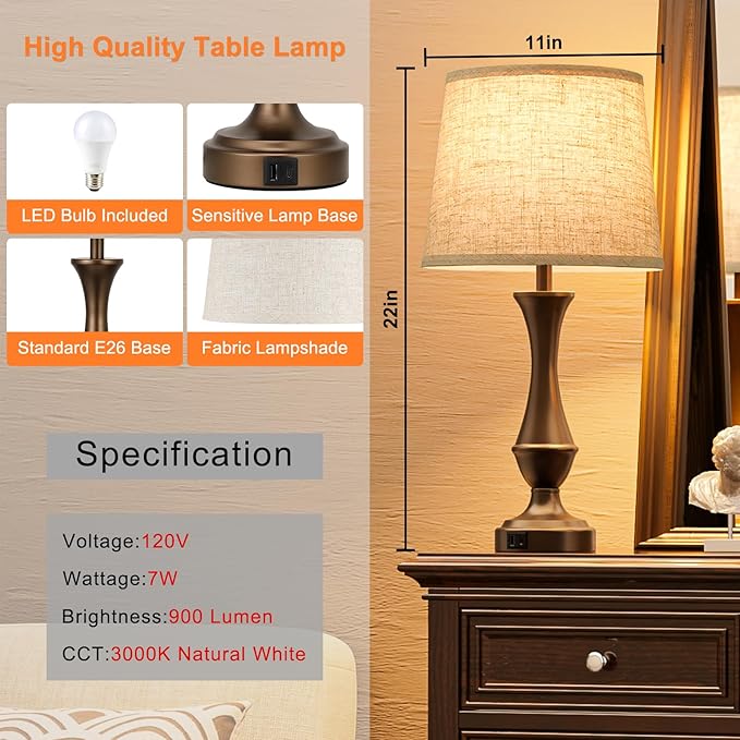 Seealle Upgraded Touch Lamps for Night Stands Set of 2 - Bedside Lamps with USB C+A, 3 Way Dimmable for Bedroom Living Room End Tables Office (Beige& Brown)