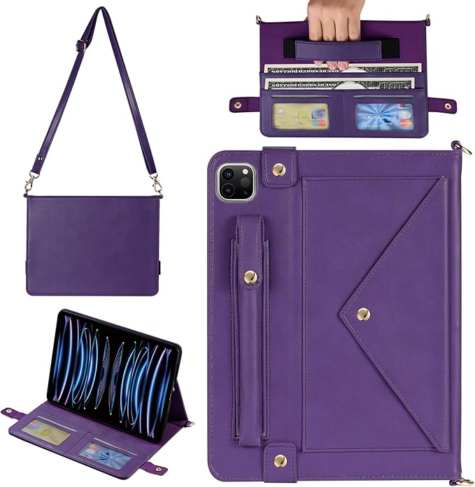 Handbag Case for iPad Air 13" & Pro 12.9" 2018-2022, Techcircle PU Leather Folio Stand iPad Crossbody Wallet Case with Pencil Pocket, Card Slots, Hand Strap+Shoulder Strap, Purple