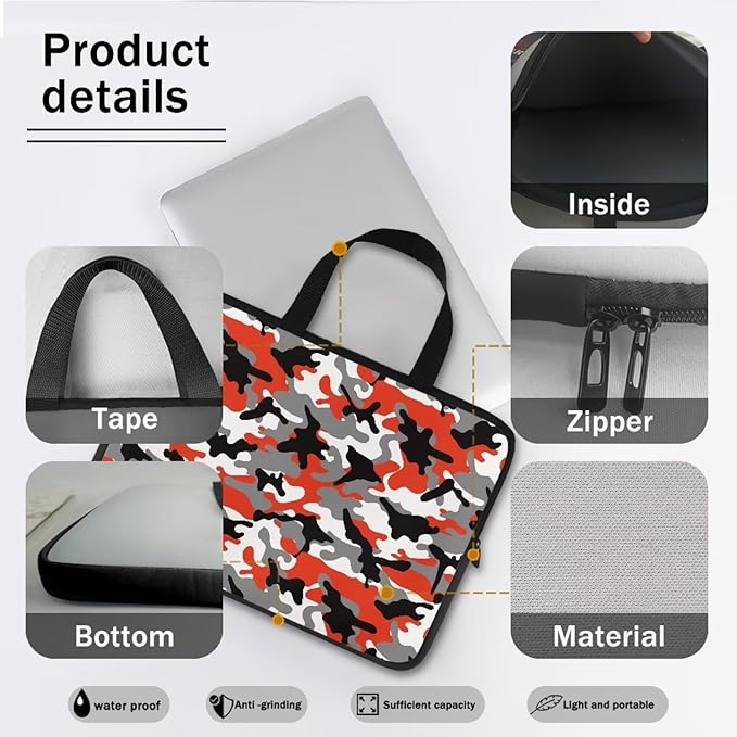 10 Inch Red Camo Laptop Sleeve, Protective Tablet Case with Handle, Water Resistant Zipper Computer Bag Carrying Case Notebook Cover Messenger Briefcase, Gifts for Men Women