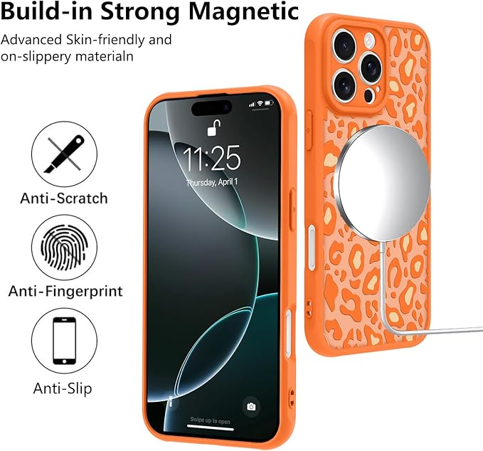 KANGHAR Case for iPhone 16 Pro Orange Leopard Printed Pattern Cute Cheetah [Compatible with Magsafe] Protective Magnetic Case for Girls Women 6.3"
