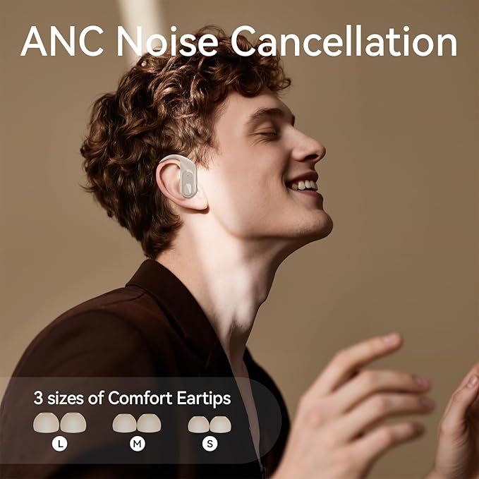 occiam Active Noise Cancelling Wireless Earbuds Bluetooth Headphones Ear Buds 96Hrs Playback Clear Call Waterproof Earphones with Ear Hook Microphones for Sport Running Off-White