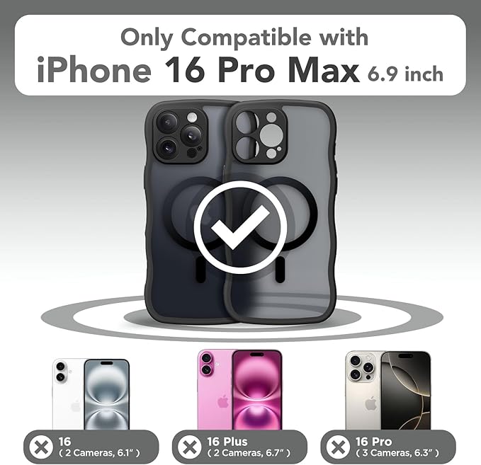 CAPRARO for iPhone 16 Pro Max Case for Women Girls, Upgraded [Full Camera Protection] [Compatible with MagSafe] Cute Wave Translucent Matte Phone Case for iPhone 16 Pro Max, Black