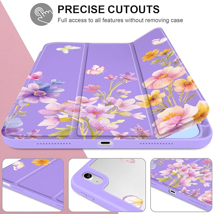 Case for iPad Air 11 inch M4 2026 M3 2025 M2 2024,iPad Air 5th (2022) / 4th (2020) 10.9 Inch Clear Back Shell Lightweight TPU Trifold Stand Auto Wake Sleep Cute Cover, Watercolor Flower