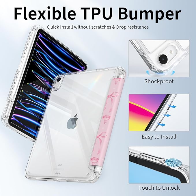 Case for iPad 10.2-inch 9th Generation (2021)/ 8th Generation (2020)/ 7th Gen (2020), Protective Slim Clear Back Cover with Pencil Holder, Trifold Sturdy Stand, Pink Bows