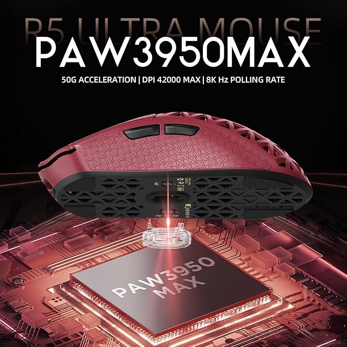 ATTACK SHARK R5 Ultra Wireless Gaming Mouse,Carbon Fiber Shell 39g Superlight,PAW3950MAX Nordic 52840 MCU 8K Polling 42K DPI Optical Sensor,BT/2.4G/USB-C Wired Mice with Coiled Cable-Red&Griptape