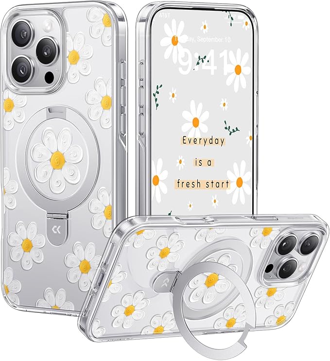 CASEKOO Floral Series Oil Painting Daisy for iPhone 15 Pro Case with Magnetic Ring Stand [Compatible with MagSafe] [Military-Grade Protection] Fashion Clear Back, Soft Edge, for Women