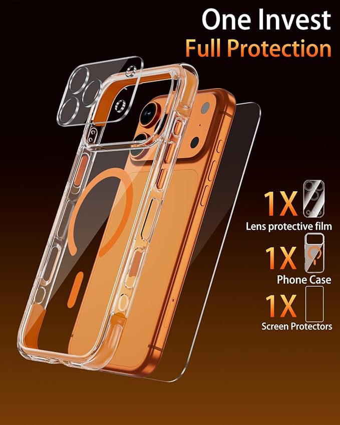 for iPhone 17 Pro Case with Tempered Glass & Lens Protectors, Compatible with MagSafe, Military-Grade 4-Corner Airbag Protection, Strong N52 Magnets, Anti-Yellowing Clear Case
