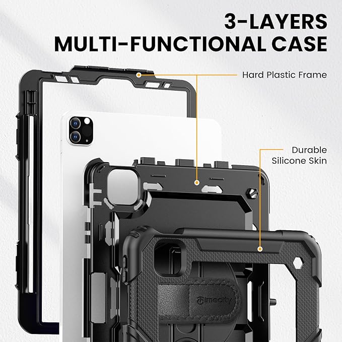 Timecity Case for iPad Pro 11 inch 1st, 2nd, 3rd, 4th Generation 2018/2020/2021/2022 (NOT for 2024), Heavy Duty Rugged Protective Case with Screen Protector,Pencil Holder,Rotating Stand&Handle-Black