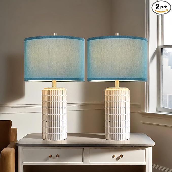 AIEAMPDO 23" Modern Ceramic Nightstand Table Lamps Set of 2, Nautical Lamps for Bedroom Bedside, Side Table Lamps for Living Room, Dining Room, Office, 2 LED Bulbs Included (Blue)