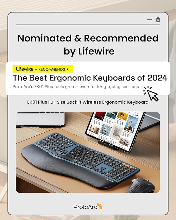 ProtoArc Backlit Bluetooth Ergonomic Keyboard, EK01 Plus Full Size Wireless Split Keyboard with Dual Bluetooth and USB, Cushioned Wrist Rest, Rechargeable, Compatible with Windows/Mac/Android, Blue