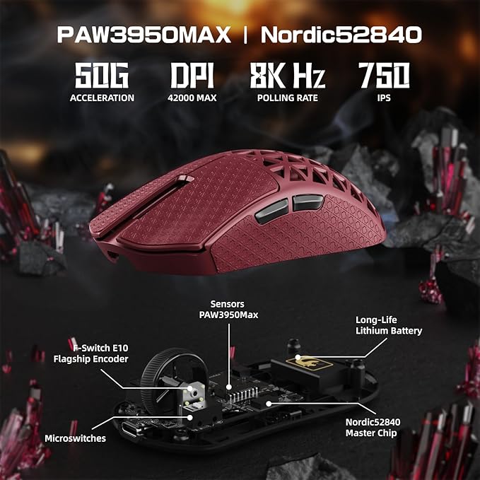 MAMBASNAKE M5 Ultra Carbon Fiber 8KHz Wireless Gaming Mouse,PAW3950MAX Sensor 42K DPI,39g Superlight Tri-Mode 2.4GHz/BT/Wired Computer Mice,Web Driver Support,for Win/Mac/FPS/MOBA/Esports-Red (B)