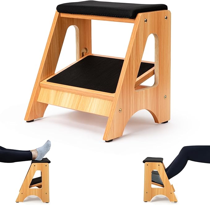 StrongTek Double Step Footrest, Adjustable Wooden Foot Stool with 3 Height Levels, Cushioned Top & Non-Slip Base, Ergonomic Under Desk Leg Rest for Office Home