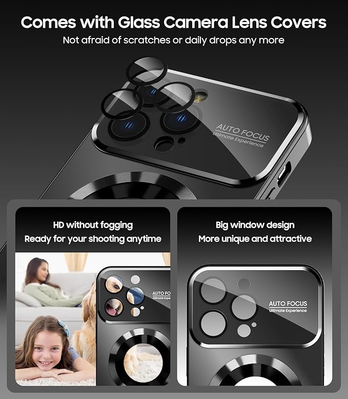MAKAVO Magnetic for iPhone 16 Pro Case, Compatible with MagSafe, Built-in Camera Lens Protector, Logo View, Military Grade Drop Proof Phone Cover, Black