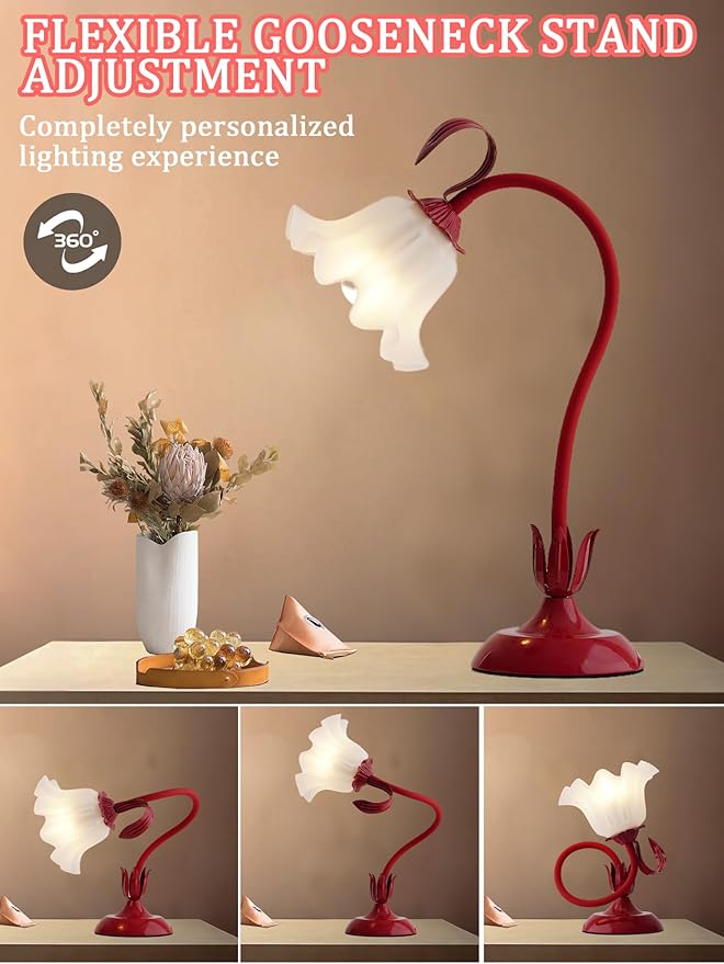 AQDZCNF Flower Table Lamp,LED Reading Light Bedside Vintage Flower Night Light,3 Colors Modes Kawaii Bedside Lamps Decor,Living Room Bedroom Room Lighting Table Lamps Home Decoration (Red)
