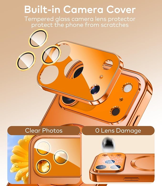 TOBOVON Magnetic for iPhone 17 Pro Max Case with Ring Stand, Fits MagSafe, with Built-in Camera Lens Protector, Slim Electroplated Shockproof Phone Cover, Orange