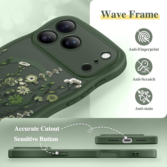 GVIEWIN for iPhone 17 Pro Case Compatible with MagSafe [Curly Wave Edge][Full Camera Protection]Floral Translucent Shockproof Magnetic Women Phone Case for iPhone 17 Pro 6.3'', Floratopia/Forest Green