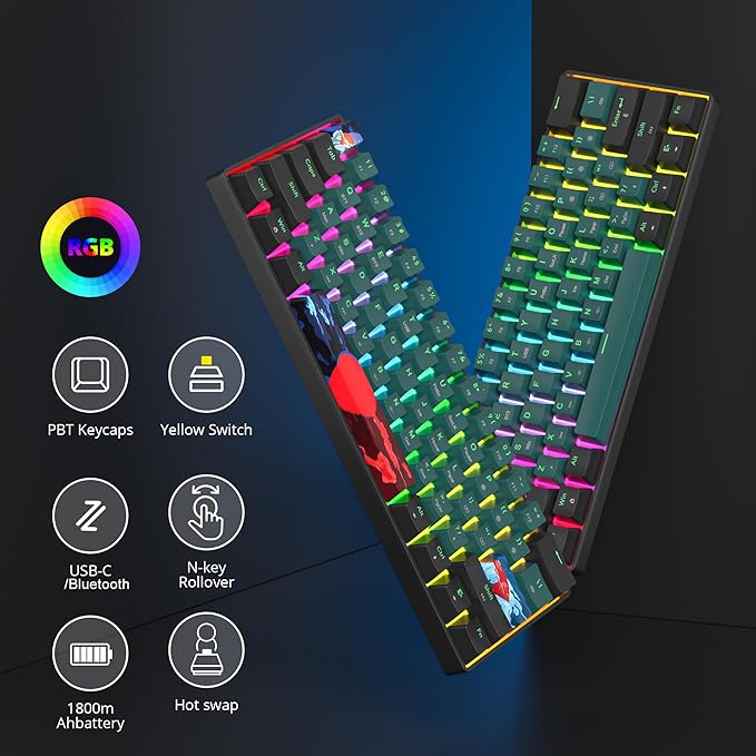 Fogruaden Wireless Gaming Keyboard, 60% Percent Mechanical Keyboard Wireless, Hot-Swappable Yellow Switch, RGB Wired/Bluetooth Keyboards for Win/Mac, 61 Keys NKRO (Soundwave)
