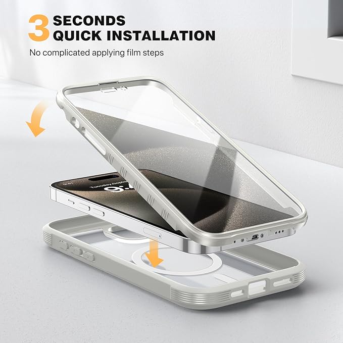 Diaclara Magnetic for iPhone 15 Pro Case, [Military-Grade Drop Proof & Fit for MagSafe] Built-in Shockproof Screen Protector, [Camera Lens Protector] Phone Cover for iPhone 15 Pro 6.1"(White)