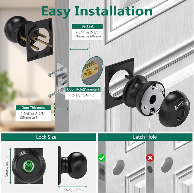 GeekTale Fingerprint Door Lock for Bedrooms, Fingerprint Door Knob with Lock, Smart Door Lock, App Control, Back-up Keys, Thumbprint Door Knob for Bedrooms, Office, Apartment