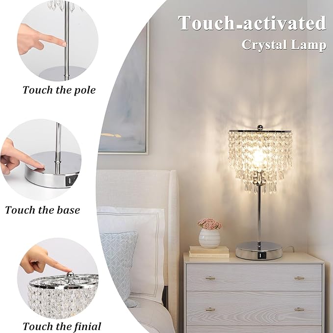 Touch Control Crystal Table Lamp with USB C+A Charging Ports, 3-Way Dimmable Bedside Touch Lamp Decorative Nightstand Lamp with Elegant Lampshade for Living Room Bedroom, B11 LED Bulb Included