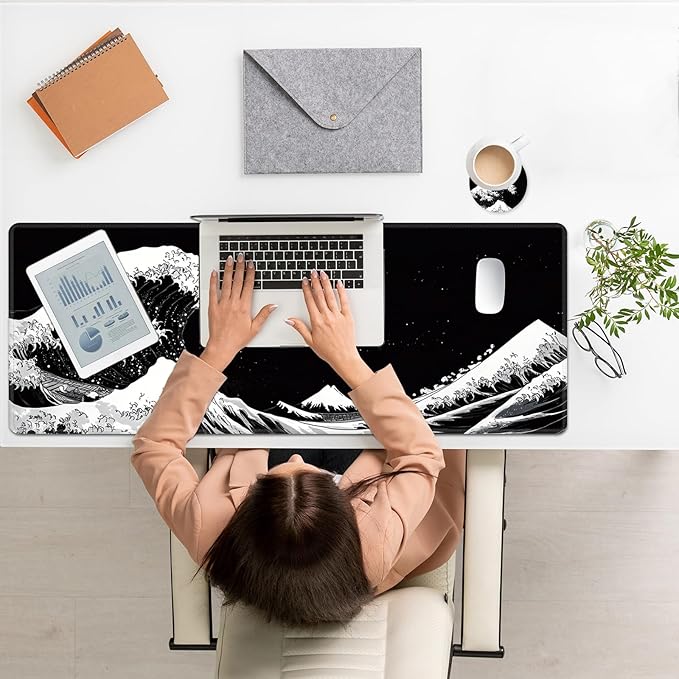 Large Mouse Pad, Desk Mat, XL Gaming Keyboard Mat, Non-Slip Rubber Base, Full Extended Mousepad for Gaming Office Home, 31.5 X 11.8 Inch, Japanese Sea Wave