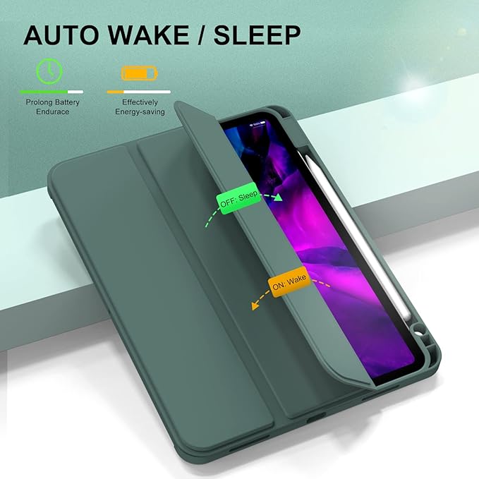 KENKE for iPad Pro 11 Inch Case 4th/3rd/2nd/1st Generation 2022/2021/2020/2018 Magnetic Attachment 2nd Pencil with Right Side Pencil Holder Soft Slim PU Cover Auto Wake/Sleep (Dark Green)