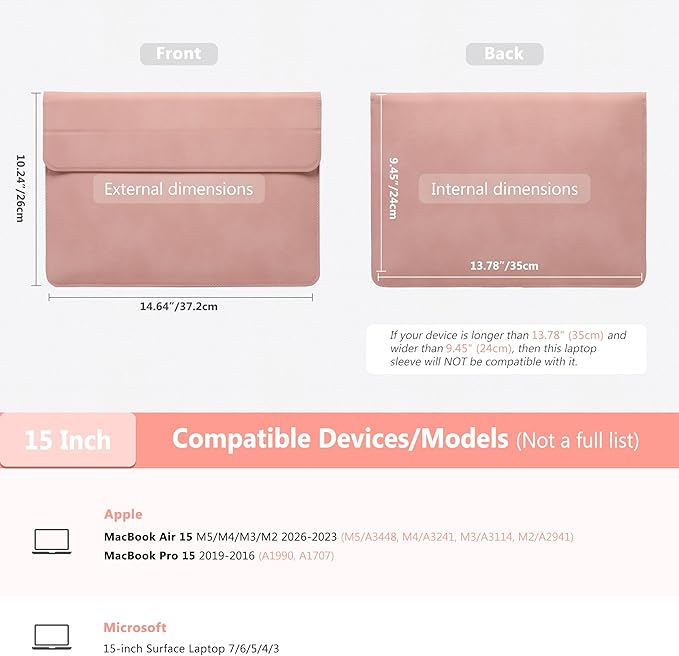 HYZUO 15 Inch Laptop Case Bag Sleeve with Stand for MacBook Air 15 M5 M4 A3241 M3 A3114 M2 A2941 2026-2023, 15" Surface Laptop 7/6/5/4/3, MacBook Pro 15 A1990 A1707 2019-2016, Pink