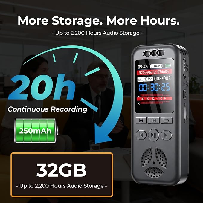 32GB Digital Voice Recorder, Small Voice Activated Recorders with Playback, 1536Kbps Audio, 70dB Noise Reduction, A-B Repeat Recording Device Portable Mini for Lectures, Meetings, Interview etc
