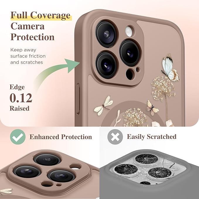 GVIEWIN for iPhone 15 Pro Case Compatible with MagSafe, [Military Grade Protection] [Screen Protector] Full Camera Protection Floral Translucent Women Magnetic Phone Case, Autumnflit/Brown