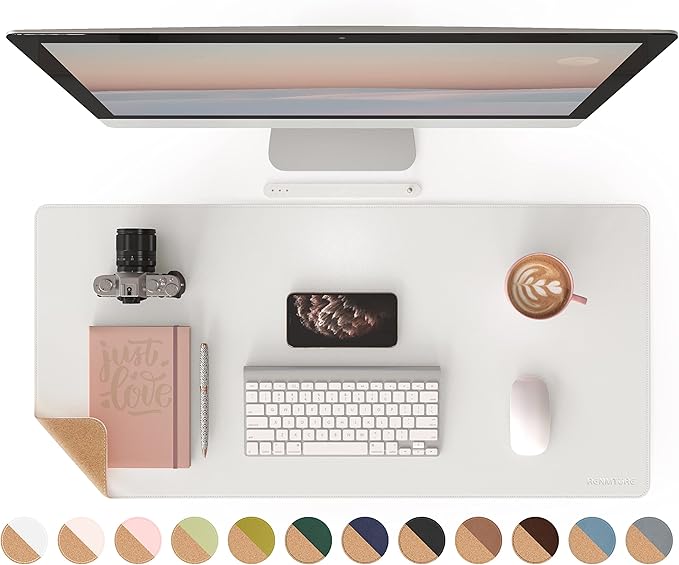 RENMTURE Dual-Sided Mouse Pad, Natural Cork & PU Leather Large Desk Pad for Office and Home Work, Desk Protector Non-Slip, Waterproof, Easy Clean (White, 36"x17")