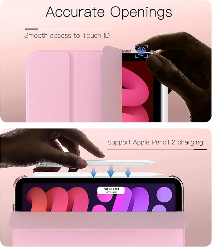 TiMOVO Case for iPad mini 7 A17 Pro 8.3-inch 2024, iPad mini 6th Generation Case, Slim Translucent Hard Back Folio Cover Support Touch ID & Apple Pencil Charging, Auto Wake/Sleep, Flowers Pink