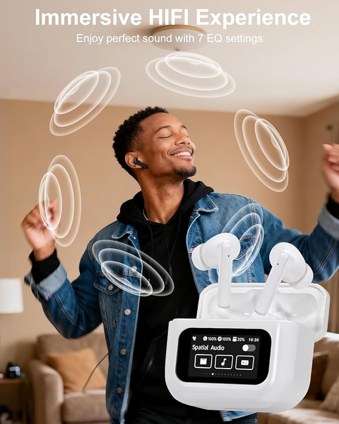 Bluetooth Earbuds with LED Touchsceen, IPX7 Waterproof Wireless Earphones, Hi-Fi Stereo & 68H Playtime, ANC ENC Noise Cancelling, for Work/Running/Trave (White)