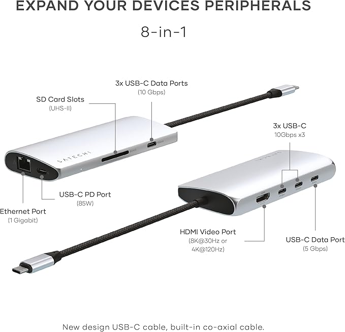Satechi 8 in 1 USB C Hub Multiport Adapter V3, 8K HDMI, 100W Charging, 4 USB Data Ports, Ethernet, SD Card Reader, for Laptop, for Mac/Windows, MacBook Air/Pro/Neo, iPad Air/Pro - Silver