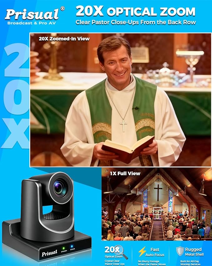 Prisual PTZ Camera Gen 5, 20X Optical Zoom SDI HDMI PoE USB IP Streaming, AI Auto Tracking, Metal Shell Reliability for Church Worship Education vMix OBS, NDI Upgradeable (TEM-20S PRO)