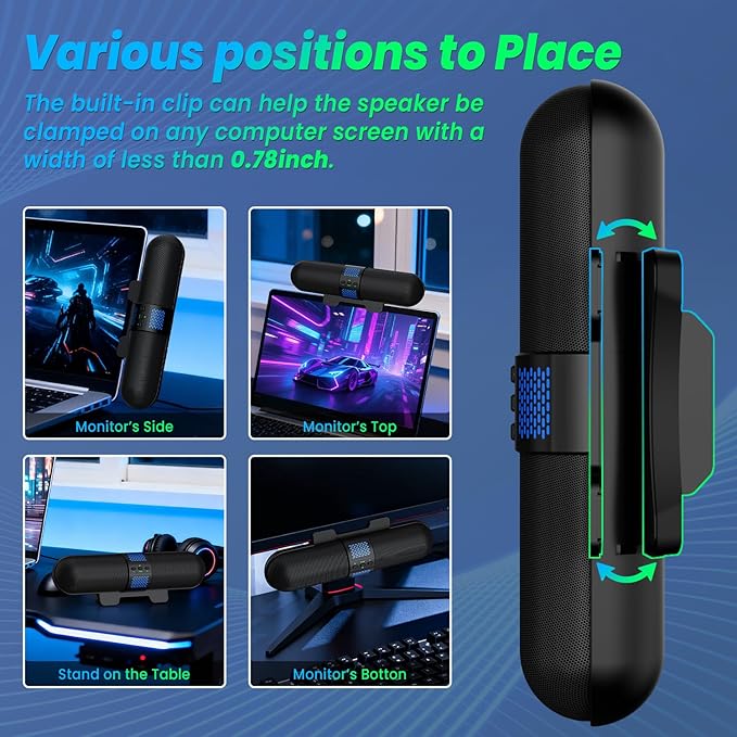 BESTISAN Computer Speaker, Bluetooth 5.3/Wired USB A/C Connection, 6 RGB Light Modes, Gaming Soundbar for PC/Laptop/Desktop, USB A/C Adapter, Loud Sound, Easily Clamps to Monitor, Convenient Controls