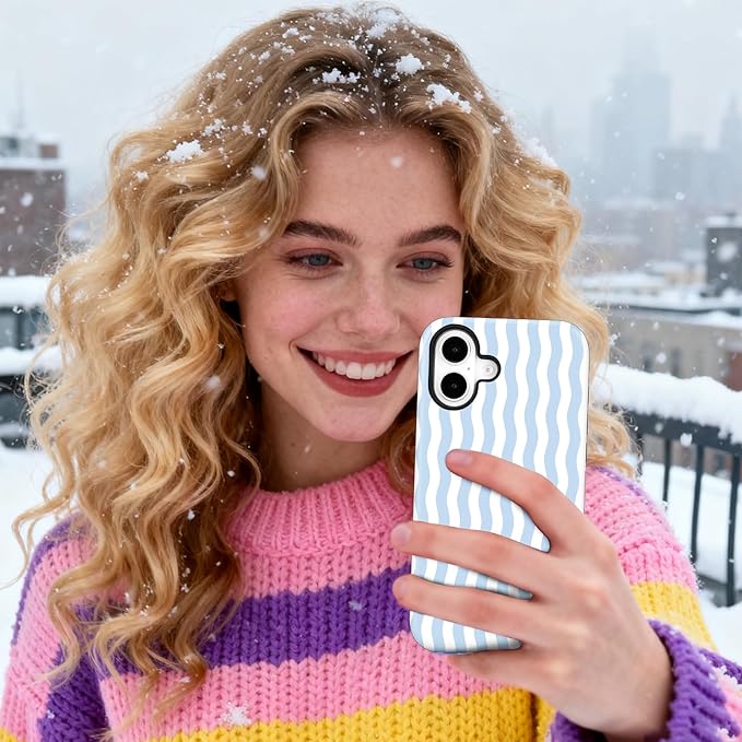 Magnetic for iPhone 17 Case Cute Wavy Stripes Phone Case, Shockproof Slim TPU and Hard PC Protective Phone Cover Compatible with MagSafe Designed for Women Girls, Blue