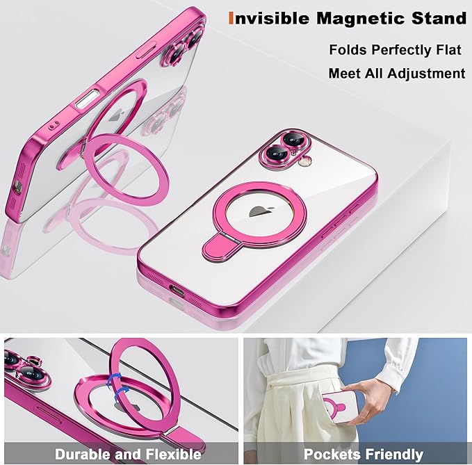 Compatible with iPhone 17 Case with Invisible Magnetic Ring Stand [Compatible with Mag-Safe] [Full Camera Lens Protector] Plating Clear Phone Case for iPhone 17 6.3", Rose
