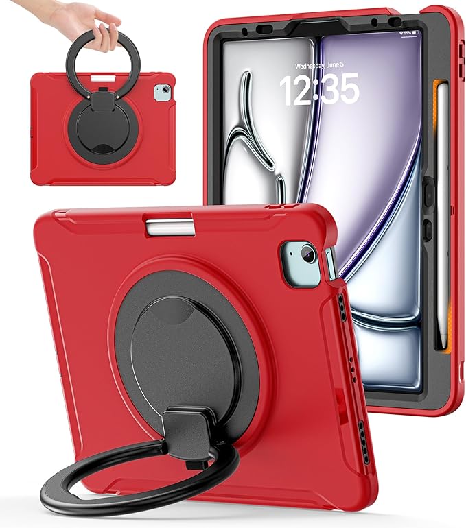 BATYUE Shockproof Case for iPad Air 11" M2/M3/M4, Air 4/5 10.9", iPad Pro 11" 1st-4th Gen 2018-2022 | 360° Multi-Angle Stand (Portrait & Landscape) & Grip, Built-in Pencil Holder, Red