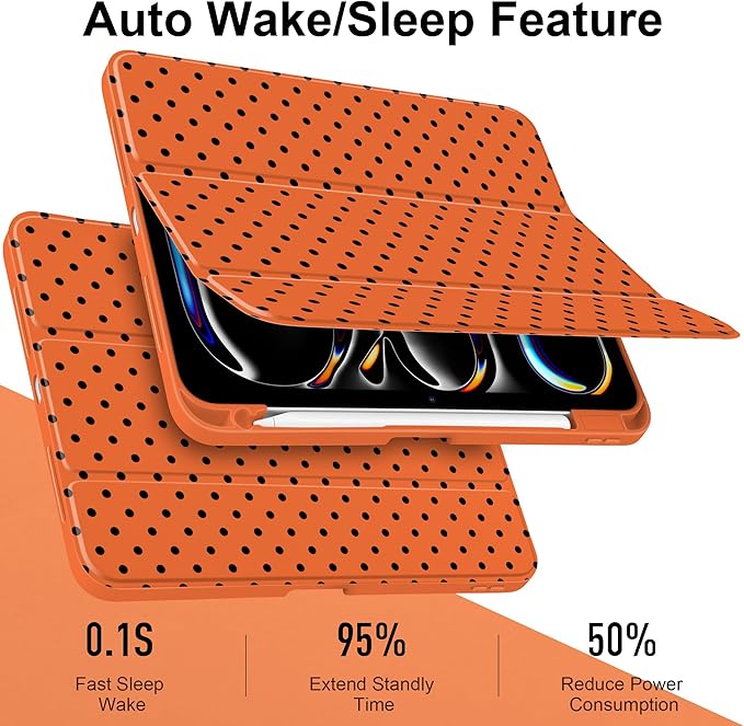 Case for iPad Pro 11 Inch (M5 2025 M4 2024) – [Built-in Pencil Holder], Shockproof & Stylish, Clear Hard Back + Soft TPU Edge, Magnetic Trifold Stand, Auto Wake/Sleep, Orange Polka dot