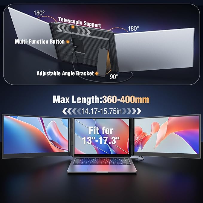 APILDELLA 15.6’’ Triple Laptop Screen Extender, 1080P FHD Portable Dual Monitor for Laptop USB C HDMI, Plug-Play Monitor Extender for Triple Display for Mac/Windows, Fit 13”-17.3” Laptops