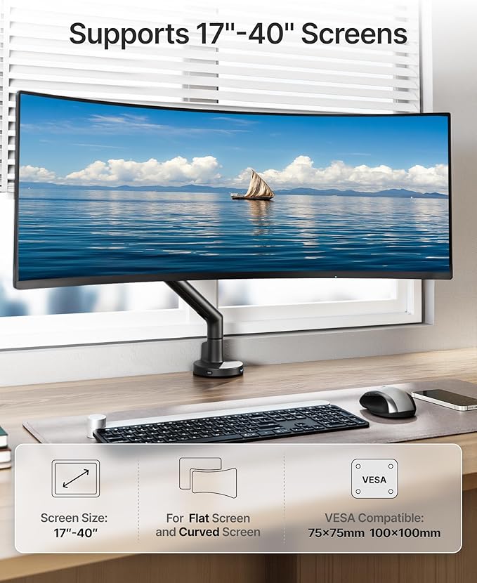 monTEK Single Monitor Arm with USB for 17-40 Inch Screens, Up to 26.4 lbs, Heavy Duty Monitor Mount with VESA Mount, Full Motion Adjustment Monitor Stand C-Clamp/Grommet Base,VESA 75/100mm, Black