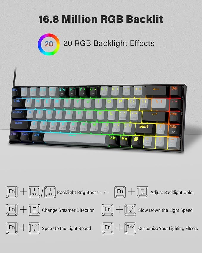 XUANGUI Full RGB Backlit Mechanical Keyboard Wired Metal Computer Key Board, 65% Cute PC Gaming Keyboards Hot Swappable Rainbow Colorful Light Up Leyboard for Typist and Gamer, Work with Mac PS5 Xbox