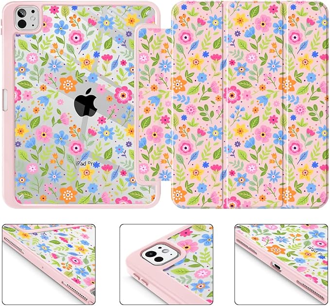 May Chen Case for iPad Pro 11-Inch M5/M4 2025/2024 (6th/5th Generation), Clear Transparent Print Back Shell Slim Stand Shockproof Tablet Cover, Auto Wake/Sleep, Small Flowers