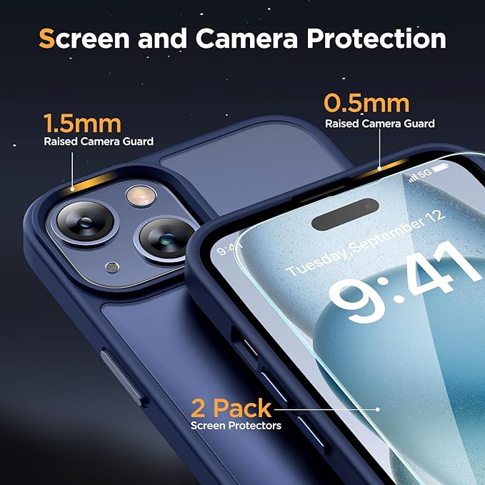 Miracase Magnetic for iPhone 15 Plus Case 6.7 inch (Compatible with MagSafe)（with 2X Screen Protectors） Military-Grade Protection, Anti-Fingerprint Translucent Matte Phone Cover, Dark Blue
