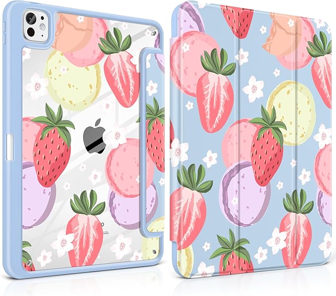 Case for iPad Pro 11 Inch (M5 2025 M4 2024) – [Built-in Pencil Holder], Shockproof & Stylish, Clear Hard Back + Soft TPU Edge, Magnetic Trifold Stand, Auto Wake/Sleep, Strawberry